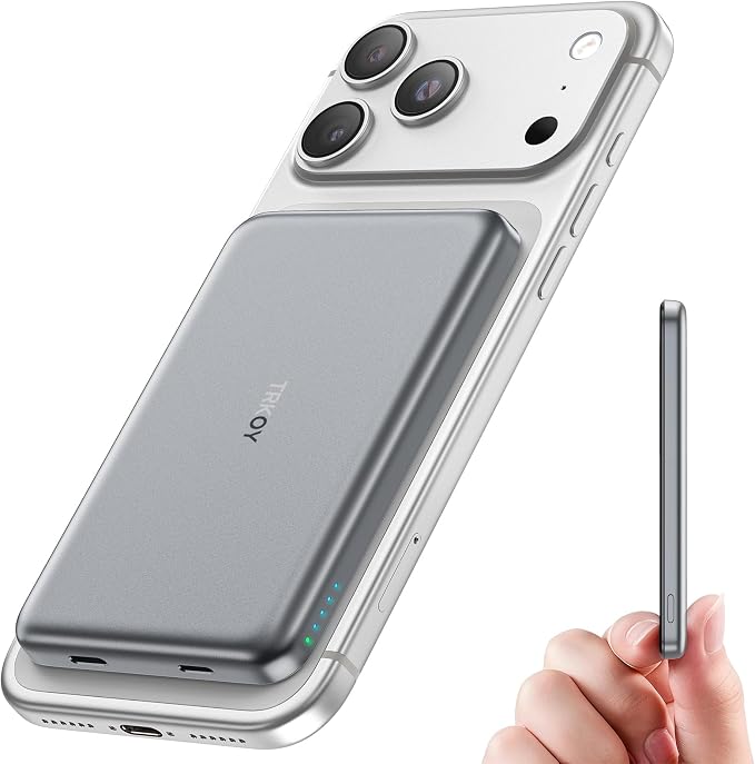 for Magsafe Portable Charger, 5000mAh Slim Wireless Magnetic Power Bank | Travel Essential for MagSafe Battery Pack with USB C Fast Charging, Compatible with 17/16/15/14/13/12 (Silver Gray) by TRKOY