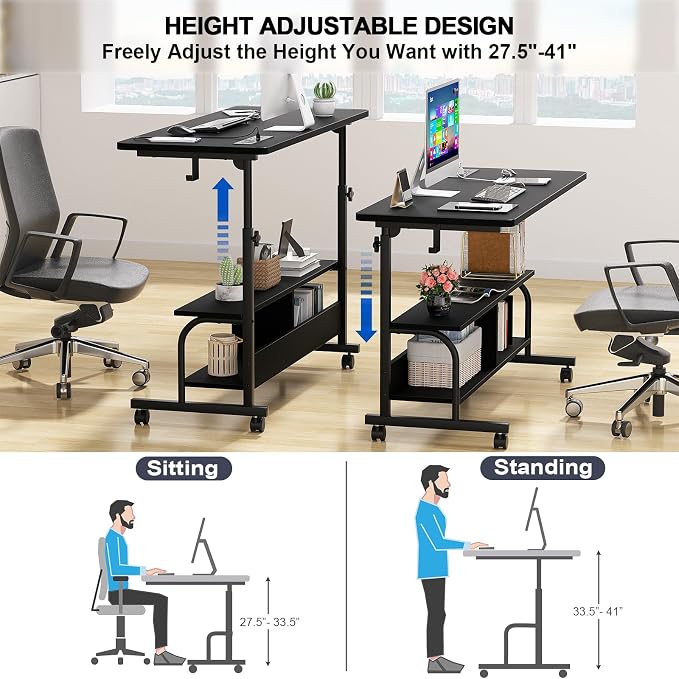 47" Rolling Standing Desk with Charging Station for Couch Bed | Height Adjust 27.5-41", 2 AC/3 USB, Mobile 4 Lockable Wheels, 2-tier Shelves Hook, Safe Corner Fast Assembly - Image 6