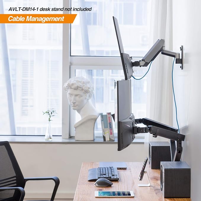 AVLT Single Extended Monitor Wall Mount for 13-32" Screens - Silver | Supports flat/curved/ultrawide screens up to 19.8 lbs. Smooth gas spring control, VESA 75x75/100x100 and clean cable routing - Image 5