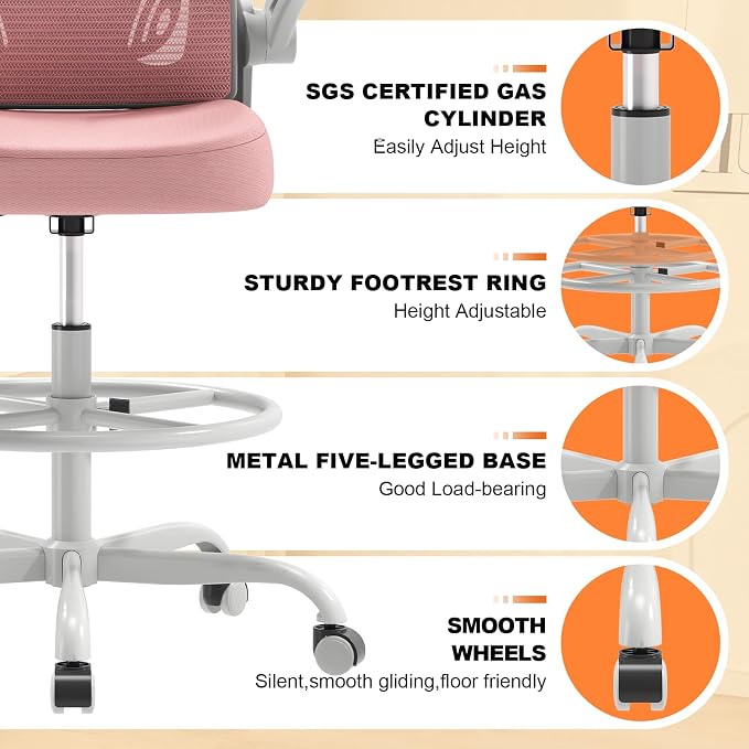 Ergonomic Tall Drafting Chair-Mesh Desk Chair with Flip-Up Arms | Adjustable Height,Lumbar Support,Adjustable Footrest Ring,Standing Desk,Breathable Backrest - Image 7