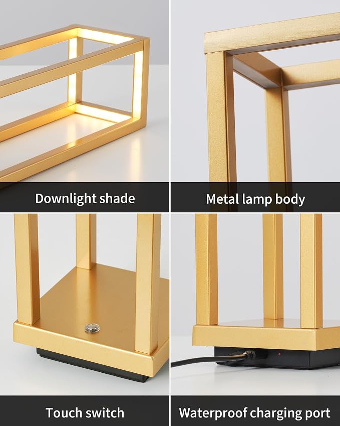 PUSU Cordless Waterproof Table Lamps Set of 2, Gold LED Outdoor Desk Lamp | Rechargeable 4000mAh Battery Operated, 2700K 3-Level Dimmable, Portable Lighting for Patio, Camping, Bedroom, Night Light - Image 9