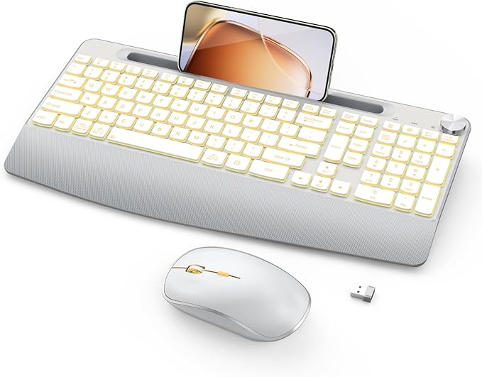 JOYACCESS Ergonomic Wireless Keyboard with Phone Holder,Rechargeable Backlt Wireless Keyboard Mouse Combo with Light Up Keys for for Laptop, PC, Mac, Windows-Silver White by JOYACCESS