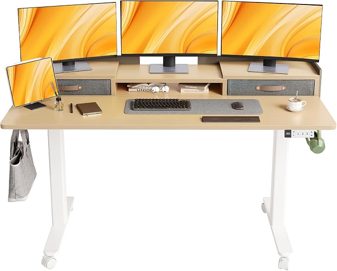 Claiks Standing Desk with Drawers & Wheels, 2 Height Shelf 63" Natural | 2 height adjust shelf, tabletop drawers, felt fence design, sturdy supports 176 lbs, 4 wheels, 2 tire monitor stand by CLAIKS