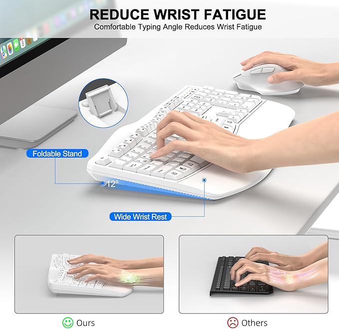 Wireless Keyboard and Mouse Combo, 2.4G Ergonomic Wave Keys(White) | Full Size Wave Keyboard with Wrist Rest, 3-Level DPI Adjustable Ergonomic Mouse for Windows and Mac OS Desktop/Laptop/PC - Image 3