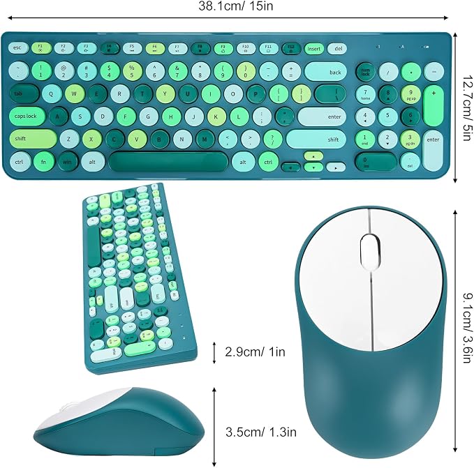 Wireless Keyboard and Mouse Combo, Retro Typewriter Keyboard with Round Keycaps, 2.4GHz USB Cute Wireless Keyboard Mouse for Computer, Desktop (Green) - Image 6