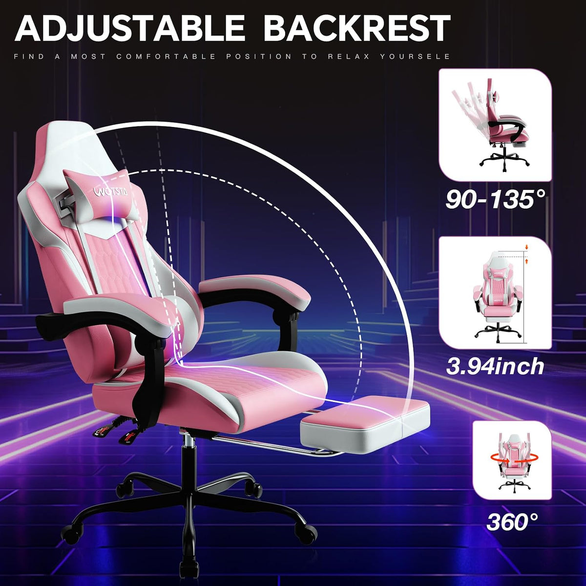 Gaming Chair with Footrest, High Back Gaming Chairs PVC Leather Ergonomic Gamer Chair with Adjustable Headrest Lumbar Support Racing Style Video Gaming Chair for Office/Home (Pink) - Image 4
