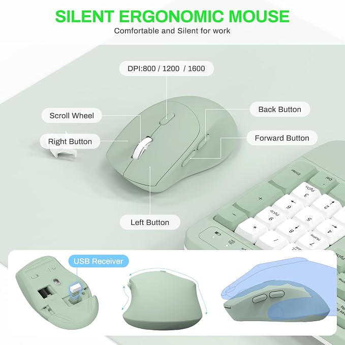 Wireless Keyboard and Mouse Combo,2.4G Ergonomic Wave Keys(Avocado Green-B) | Full Size Cordless Keyboard with Wrist Rest,3-Level DPI Ergonomic Mouse for Office and Home,Windows/Mac OS/Desktop/Laptop/PC - Image 7