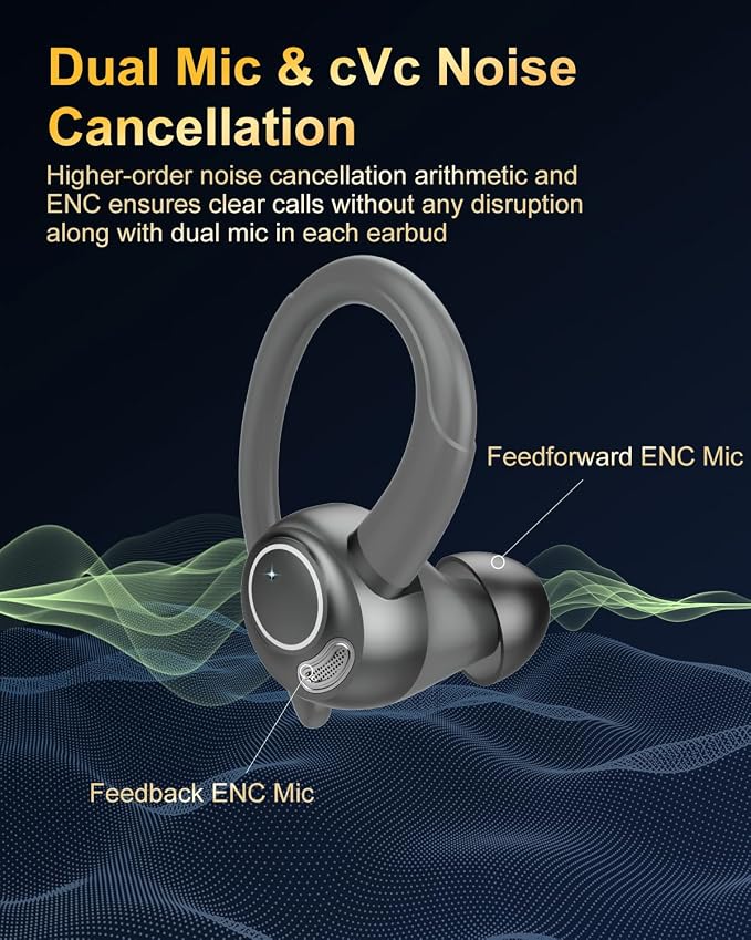 Wireless Earbuds, Bluetooth 5.4 Headphones Sport Over Ear Buds With ENC Mic | Noise Cancelling Mic,48H, Wireless Earphone with Earhooks, Stereo Deep Bass, IP7 Waterproof Ear Bud for Workout Running, Grey - Image 4