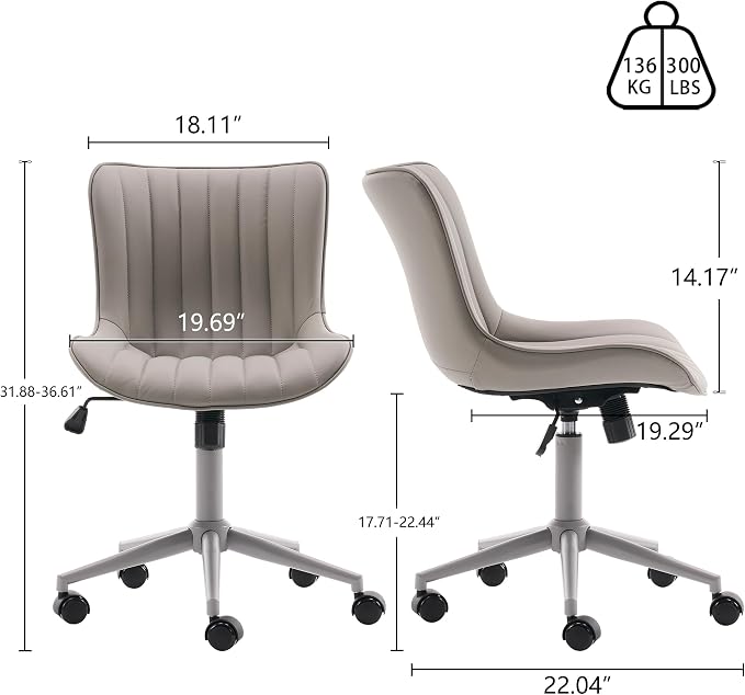 YOUNIKE Office Desk Chair with Wheels Armless Vanity Chair Ergonomic Grey | Faux Leather Upholstered with Rocking Back, Swivel Height Adjustable, Modern Small Cute Task Chair For Sewing Drafting - Image 2