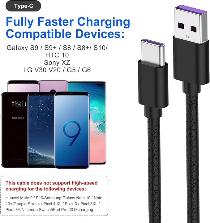 [3Pack 10ft] Compatible with Samsung Galaxy S9 S10 S8 Plus Charger Cord(3A Fast Charging), TPE USB C Type Charger Cable,USB A to Type C Replacement for Samsung A32/A12/A10e/A20/A51/Note 20/9,LG-Black - Image 6