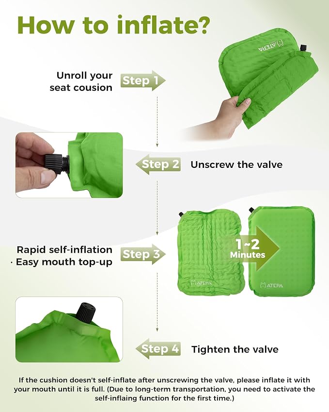 ATEPA Inflatable Seat Cushion | 2" & 2.5" Foam Core Seat Pad, Self Inflating, Compact, Stadium, Airplane, Travel, Camping, Hiking, Sports events - Image 6
