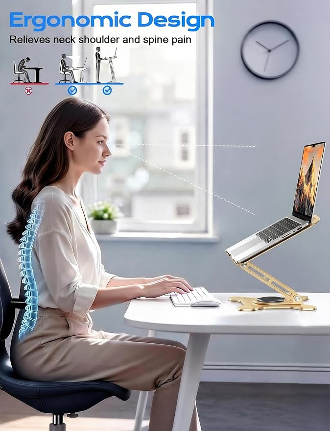 JCZT 360° Rotating Laptop Stand for Desk, Metal Foldable Laptop Riser Gold | Ergonomic Portable Adjustable Laptop Stand, Ventilated Cooling Notebook Holder for MacBook Air Pro, All 10-16'' Laptops - Image 3
