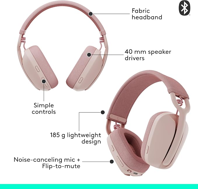 Logitech Zone Vibe 100 Lightweight Wireless Over Ear Headphones - Rose | Lightweight, over ear, multipoint Bluetooth, works with Teams, Google Meet, Zoom, Mac/PC, noise canceling microphone - Image 6