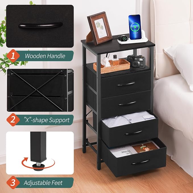 Yoobure Night Stand - Black Nightstand with Charging Station, Small Dresser | Bedside Table with 4 Fabric Drawers and Storage Shelf, LED End Table, Vertical Dressers with USB Ports and Outlets - Image 7