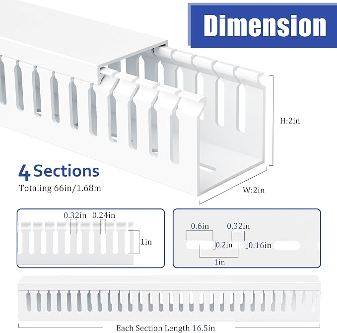 2" H x 2" W Cable Raceway, 66in Under Desk Wire Management Channel, White | Slotted Wire Duct, 4Pack, 16.5in Each, Heavy-Duty PVC Cable Management for Server Racks, Network Cables & Electrical Cabinets - Image 2