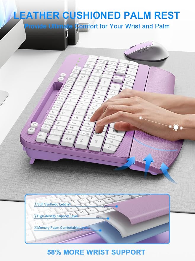 Hayyiesh Ergonomic Wave Keys Wireless Keyboard and Mouse Combo, Full Size with Memory Foam Wrist Rest & Phone Holder, 2.4G Cordless Set with USB-C Adapter for Windows Mac Desktop Laptop (Purple) - Image 2
