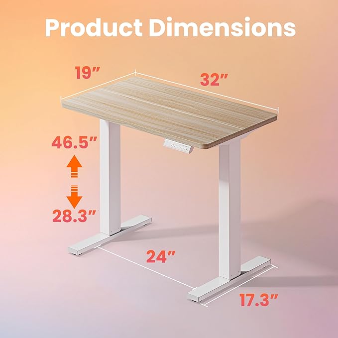 HUANUO 32x19 Inch Small Electric Standing Desk, Adjustable, Light Walnut | 176 Lbs Capacity, Rounded Corners, Wheel-Ready Feet, Compact Desktop, Apartment Workspace, 28.3–46.5 Inch Height Range - Image 3