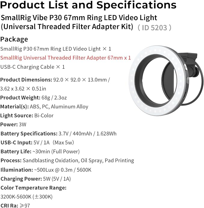 SmallRig Vibe P30 67mm Ring LED Video Light, Compact Bi-Color Light with High CRI ≥90, for 67mm Phone Mounts/Cases/Lenses, for Content Creation, Universal Threaded Filter Adapter Kit 5203 - Image 8