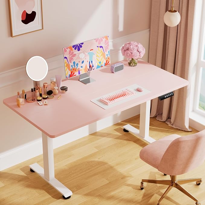 Veken 55 Inch Large Electric Standing Desk, Gaming Table, Pink | Height Adjustable Sit Stand Up Computer Tables for Home Office, Study , Writing, Suit students, employees and group work - Image 2