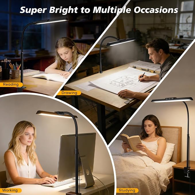 LED Desk Lamp with Clamp, Stepless Dimming Flicker-Free for Home Office | Architect Lamp, DC Adapter, 25 Modes, 12.8in Flexible Gooseneck, Eye-Friendly for Workbench & Reading - Image 7