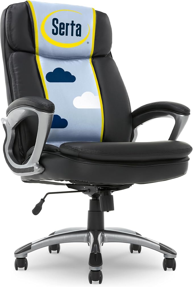 Serta Ergonomic Big and Tall Executive Office Chair Lumbar Support, Leather | Fairbanks, Gaming Chair with Headrest, 350lb Capacity, Padded Arms, Semi-Plush Seat Cushion, Adjustable Height & Tilt, Black by Serta
