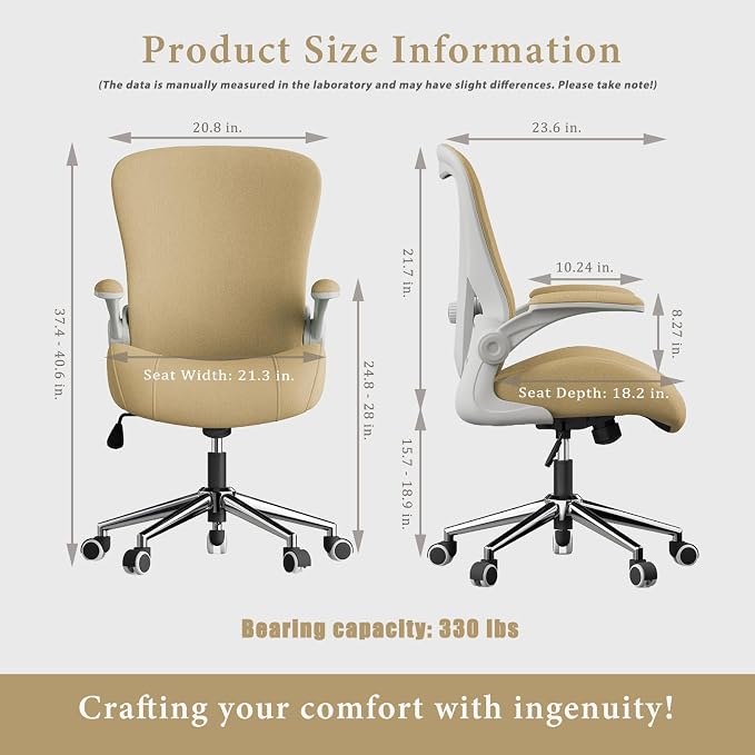 Kahki Ergonomic Office Desk Chair, Soft Fabric Thickened Curved seat Cushion with Adjustable Lumbar Support, Perfect Blend of Comfort and Good Looks, Ideal Chair for Home or Office, Khaki - Image 2