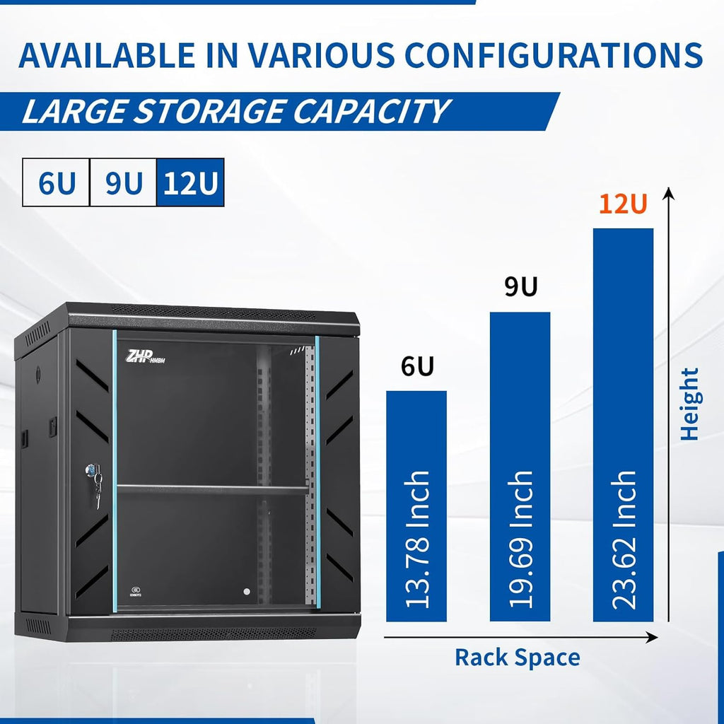 12U Server Rack Cabinet, Wall Mount Network Rack Enclosure Includes Locking Glass Door, Removable Side and Back Panels, 15" Deep Network Data Cabinet for Computer IT and A/V Equipment - Image 2