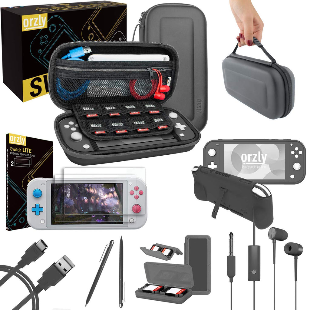 Orzly Switch Lite Accessories Bundle - Case & Screen Protector for Nintendo Switch Lite Console, USB Cable, Games Holder, Comfort Grip Case, Headphones, Thumb-Grip Pack & more (Orzly Gift Pack - Grey) by Orzly