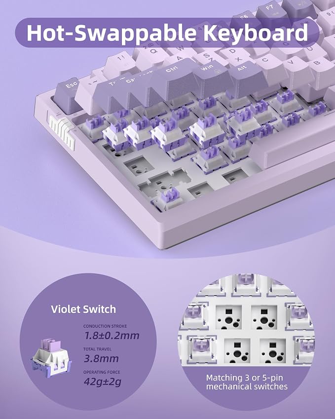 MageGee SKY81 75% Wireless Gasket Mechanical Gaming Keyboard, Hot Swappable RGB Custom Creamy Keyboard w/ 5-Layer Padding, BT/2.4G/USB-C, Knob Control, NKRO for Win/Mac (Dreamy Sky, Violet Switch) - Image 5