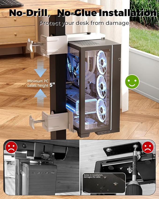 JOY worker Under Desk PC Mount for Standing Desk, Clamp-On Leg CPU Holder | No Drilling, Clamp-On Desk Leg, White Adjustable Computer Tower Mount Holds Up to 44lbs, Under Desk PC Holder, Space Saving - Image 3