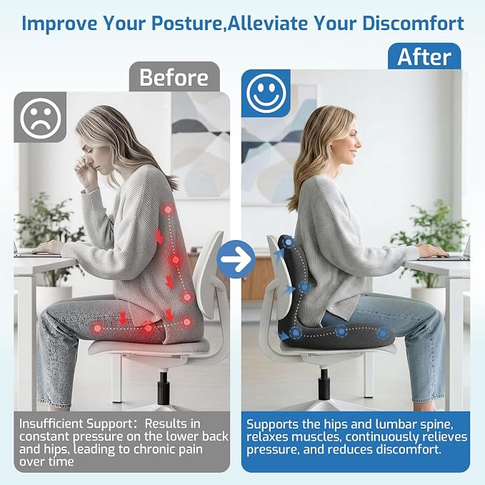 Seat Cushion with Lumbar Support Pillow,Ergonomic Chiar Cushion | Suitable for Long Sitting,Back Pressure Relief & Tailbone,Memory Foam Sciatica Pad for Office,Car, Home Chairs - Image 4