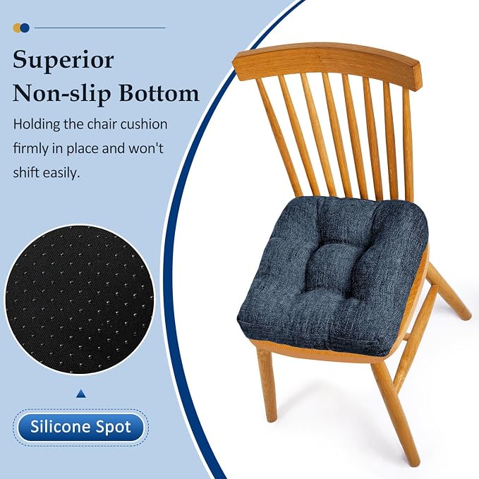 downluxe Chair Cushions for Dining Chairs 2 Pack, Tufted Indoor Chair Pads with Non-Slip Bottom, U-Shaped Kitchen Chair Cushions, 17"x17"x4", Navy - Image 3