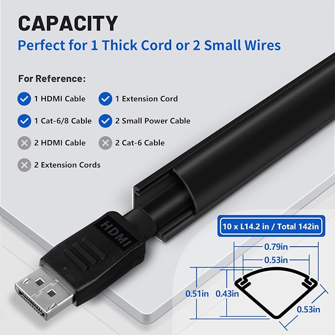 ZhiYo 142in Corner Cable Hider for 1 Cord, Hide Wires on Wall Corner, Black | Self-Adhesive Cable Concealer, 10 Pack (14.2" Each), Quarter Round Cable Management Raceway for Baseboards & Ceiling Corners - Image 2