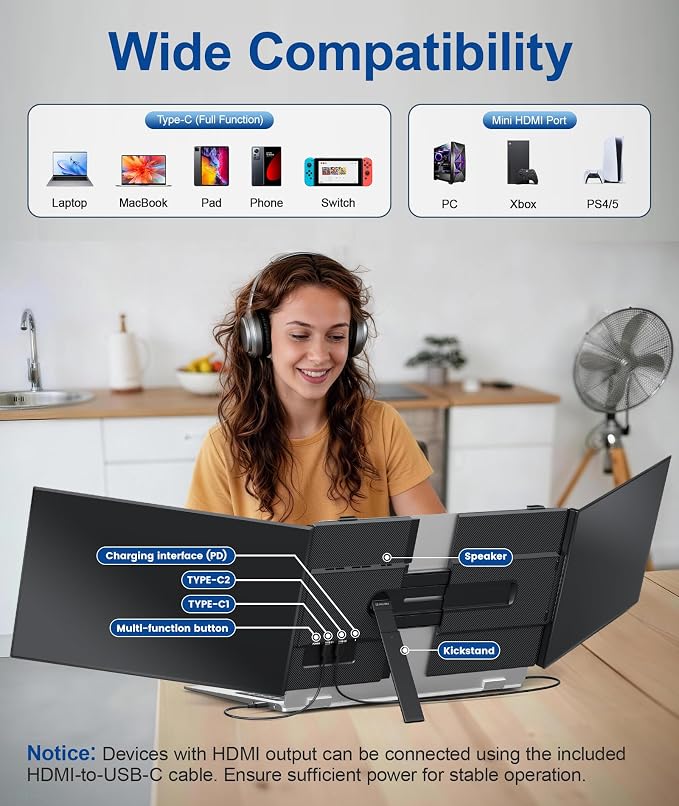 15.3" Laptop Screen Extender, 1200P FHD Triple Portable Monitor | 2.65 lbs Ultra-Light & Ultra-Slim, Travel Monitor for 14"-17.3" Laptops, Plug & Play, Compatible with Wins/Mac/Android - Image 9