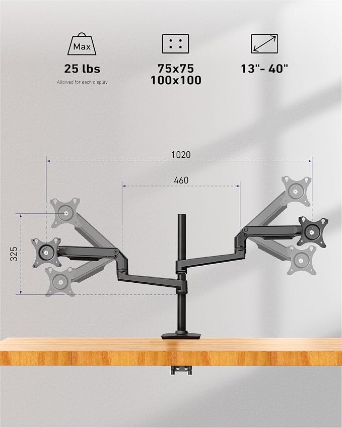 Heavy Duty Quad Monitor Mount, 4 Monitor Arm for 13-40 Inch Screens, Black | Premium aluminum mechanical spring 25 lbs/arm, full motion tilt/swivel/rotate, VESA 75/100, C-clamp & grommet, cable channels - Image 7