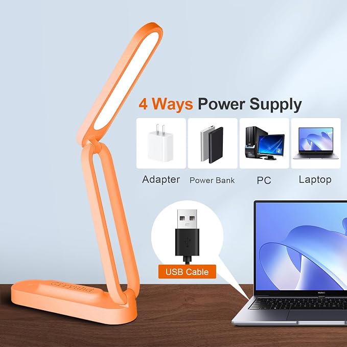 Giryuhd LED Desk Lamp for Office Home & Battery Operated Lamp Rechargeable Lamp Foldable & Portable Light, LED Desk Light Strip, 3 Brightness Dimmable Small Desk Lamp Reading Lamp (Orange) - Image 4