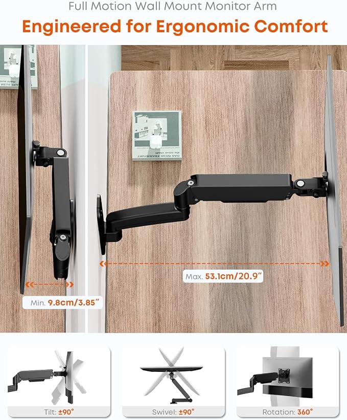 Single Monitor Wall Mount fits 17-32 inch Flat/Curved Screen | Gas Spring, Full Motion, Up to 19.8lbs per Arm, VESA 75x75/100x100, Black - Image 3