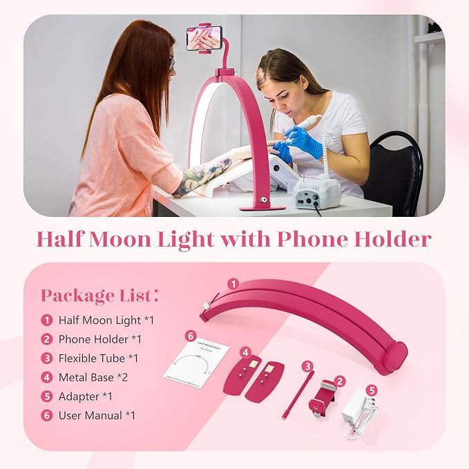 Yokilly Half Moon Light for Nail Desk: 29" Foldable Nail Light for Desk | AB Diamonds Arch Nail Tech Light with Phone Holder for Beginner - 3 Color Modes & 10 Brightness for Manicure Salon-RoseRed - Image 7