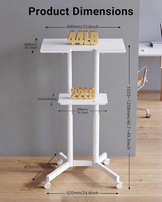BONTEC Lecterns & Podiums Portable Mobile Standing Laptop Desk, Sit Stand | Height Adjustable, Home Office Classroom Pulpit Stand Up Desk Workstation, Rolling Table Laptop Cart with Storage Tray, White - Image 4