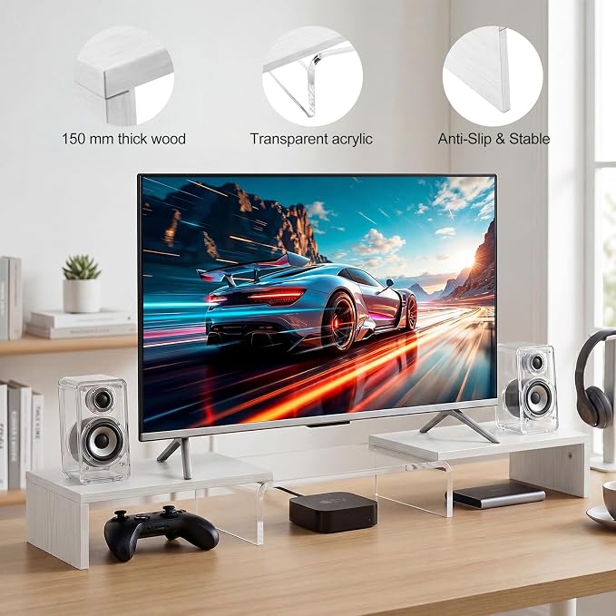 Dual Monitor Riser, Acrylic Monitor Riser with Keyboard Storage, Adjustable Angle & Length Computer Monitor Stand, Wide Desk Shelf for Top of Desk for Home Office_White Maple Look - Image 6
