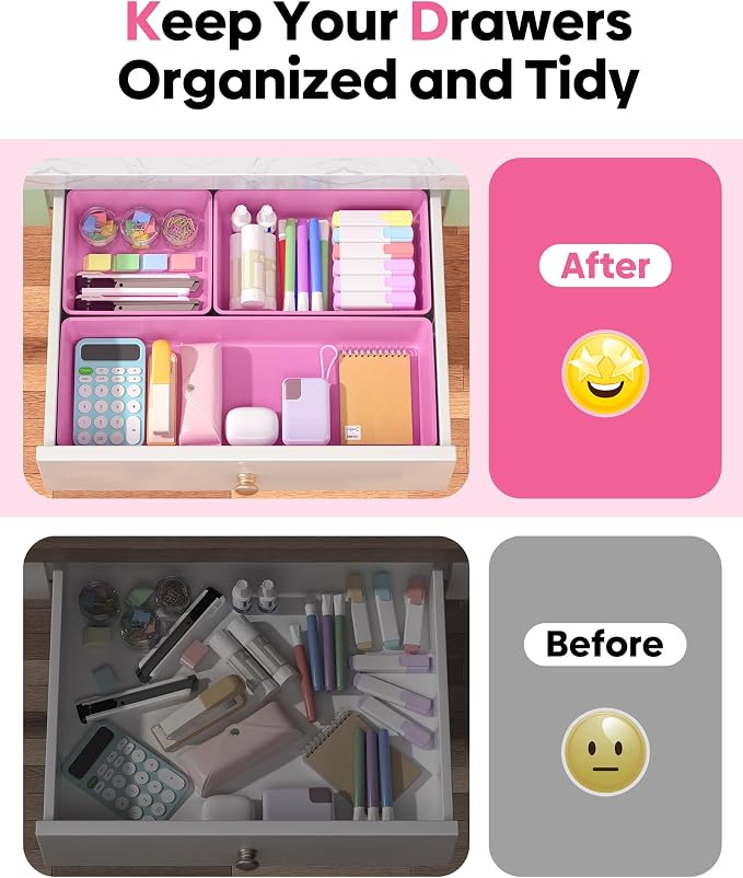 10 Pack Large Size Plastic Drawer Organizers Set, 3 Sizes Desk Drawer Organizer Trays, Storage Bins for Vanity, Makeup, Bathroom, Kitchen Utensils and Office (Pink) - Image 4