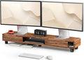 Tinamo 42.5" Dual Monitor Stand Riser with Sliding Doors – Solid Acacia Wood Desk Shelf for 2 Monitors, Desktop Organizer with Storage, Ergonomic 5" Height for Computer, Laptop, Printer, TV by TINAMO