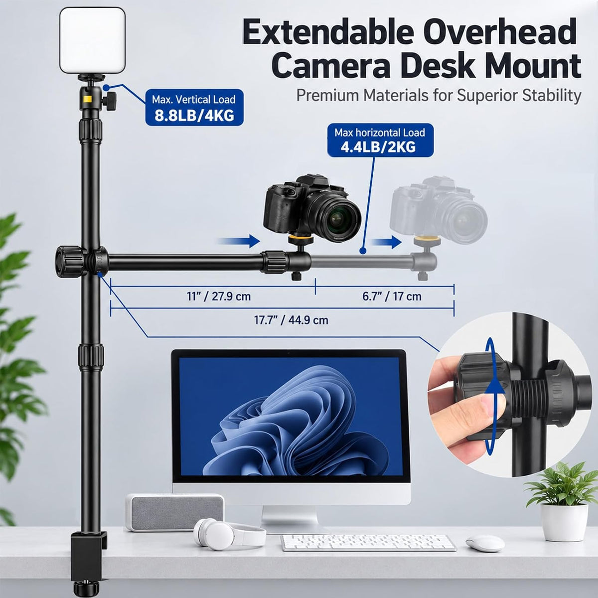 Camera Desk Mount Table Stand with Boom Arm and 1/4" Ball Head, Phone Desk Mount, Overhead Webcam Mount, Adjustable Light Stand Tabletop C Clamp for DSLR Ring Light Live Streaming Photo Video - Image 4