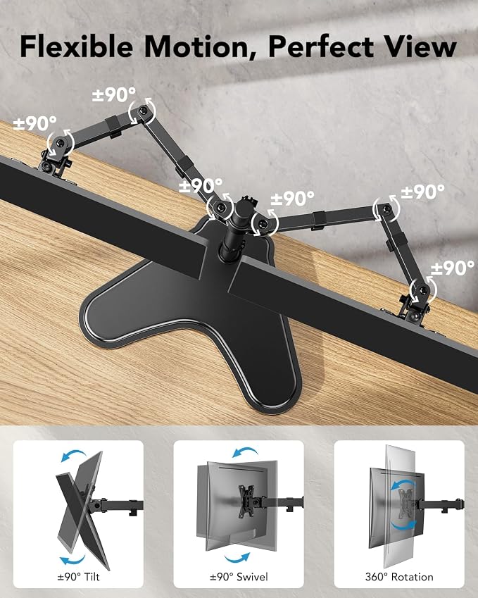 HUANUO 32 inches Dual Monitor Stand up to 17.6lbs per Arm, High-Grade Aluminum Free Standing Dual Monitors Mount for 2 Screens. Fully Adjustable Dual Monitor Stand for Desk with Tilt, Swivel, Rotation - Image 4