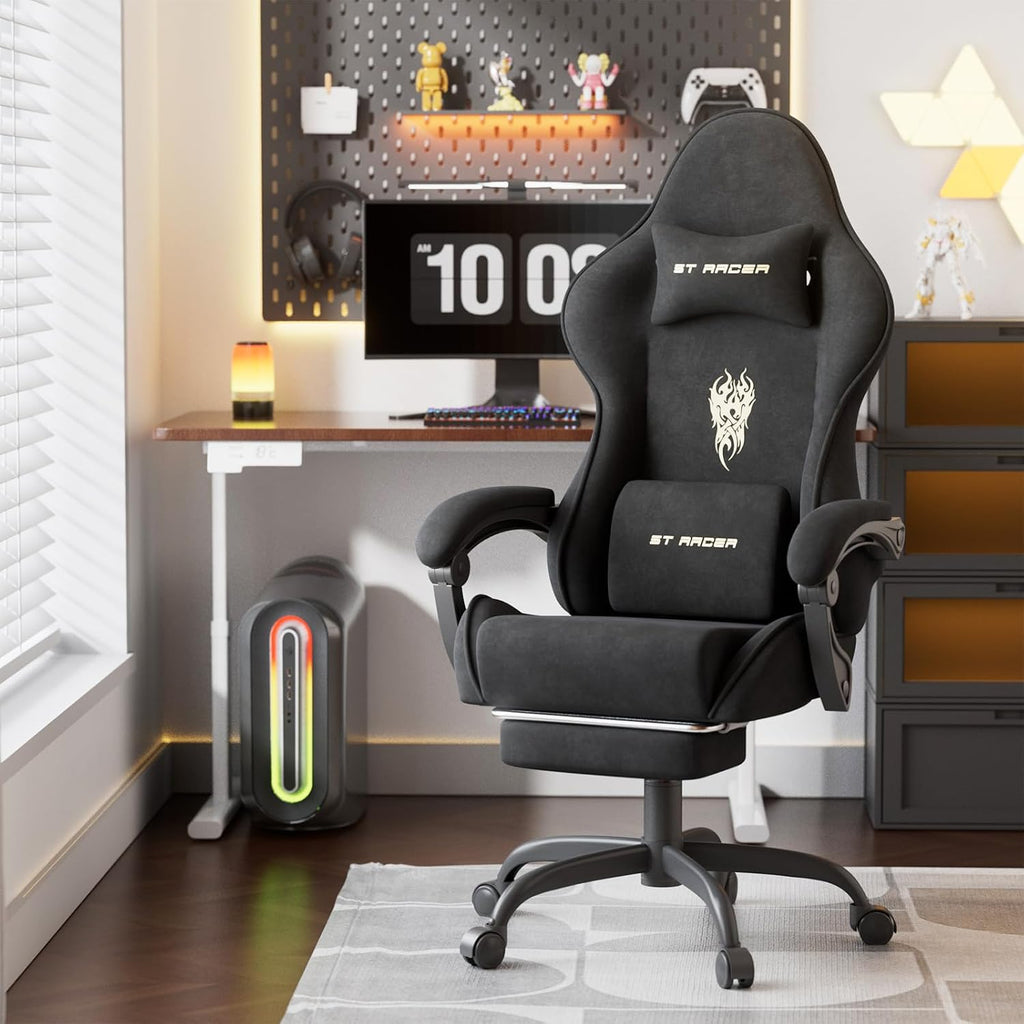 Velvet Fabric Gaming Chair, High Back Ergonomic Gamer Chair for Adult, Comfortable Video Game Chair with Footrest and Massage Lumbar Cushion, Racing Reclining Office Computer Desk Chair Black - Image 2