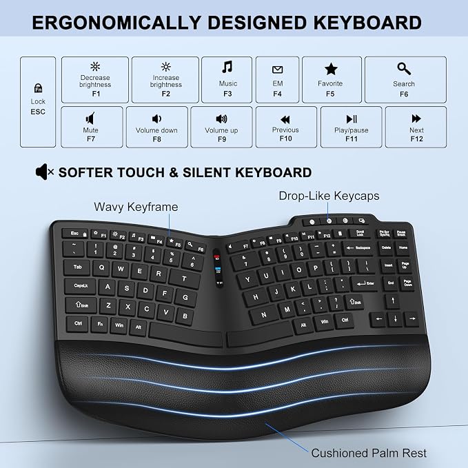 Ergonomic Wireless Keyboard Mouse, Wave Key Bluetooth/2.4G Split Design Ergo Keyboard Mouse Combo with Cushioned Palm Rest, Multi-Device, Rechargeable, for Multi-OS, Windows/Mac/Android - Image 7