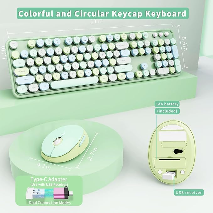 Wireless Keyboard and Mouse Combo, Ergonomic Full Size Typewriter Retro Round Keycaps Keyboard, Compatible with Windows, PC, Perfer for Home and Office Keyboards (Green - Image 5
