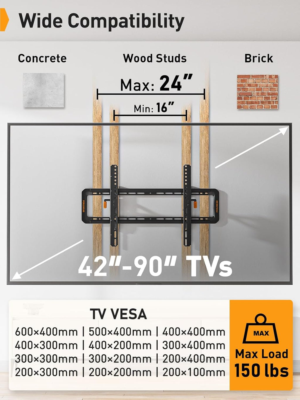 Perlegear Advanced Tilting TV Wall Mount for 42–90 inch TVs up to 150 lbs - Image 2
