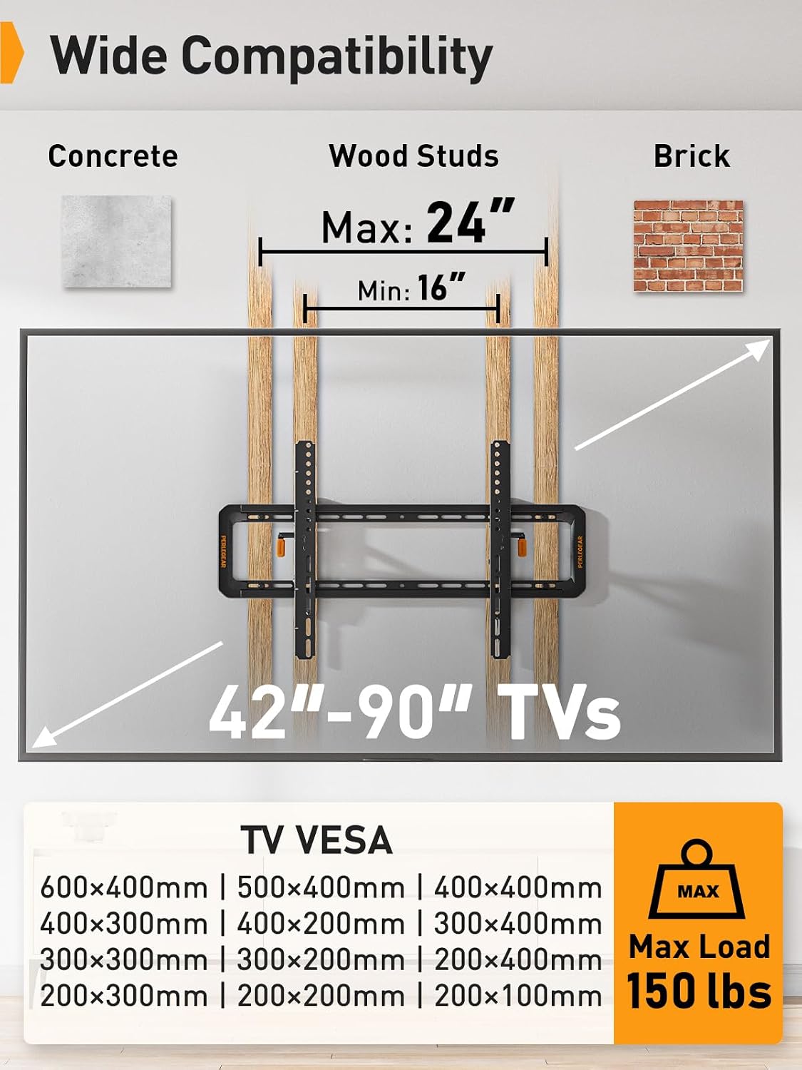 Perlegear Advanced Tilting TV Wall Mount for 42–90 inch TVs up to 150 lbs - Image 2