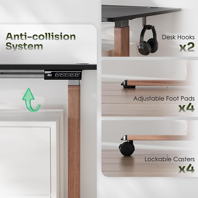 Monomi Electric Standing Desk 55”x24”, Height Adjustable Desk with Wheels | Sit Stand Up Desk for Home Office,Ergonomic Computer desk with Memory Preset and Anti-Collision,Headphone Hook, Black - Image 7
